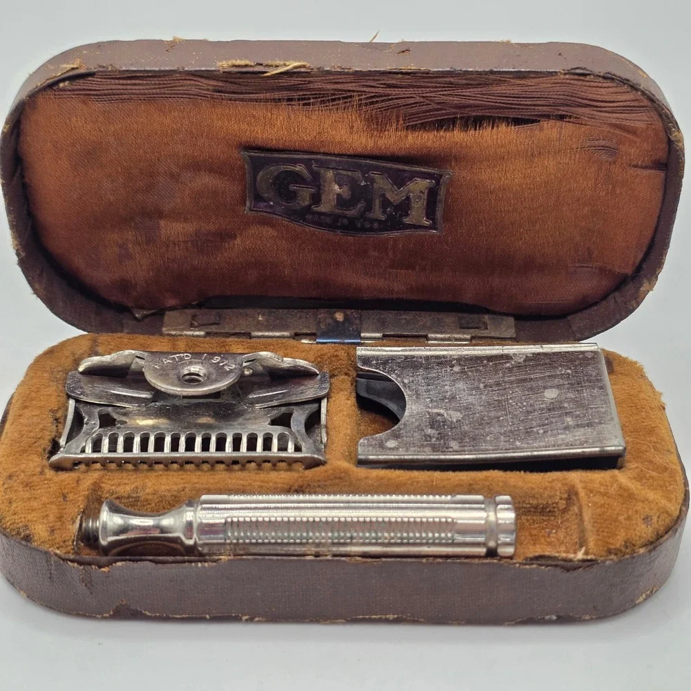 GEM Safety Razor Mens Silver 1912 Patent Vintage Shaving Travel Kit Case